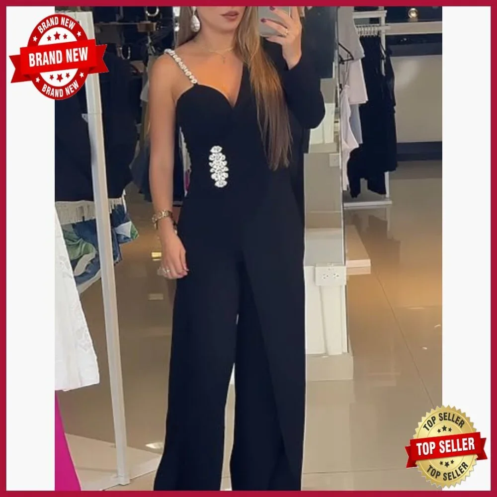 One Shoulder Jumpsuit Wide Leg Evening Romper Crystal Strap Waist Embellishment_6